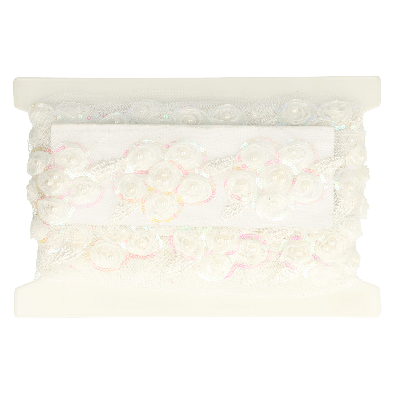 Tulle trim flowers with sequins-beads 80mm - 6.6m