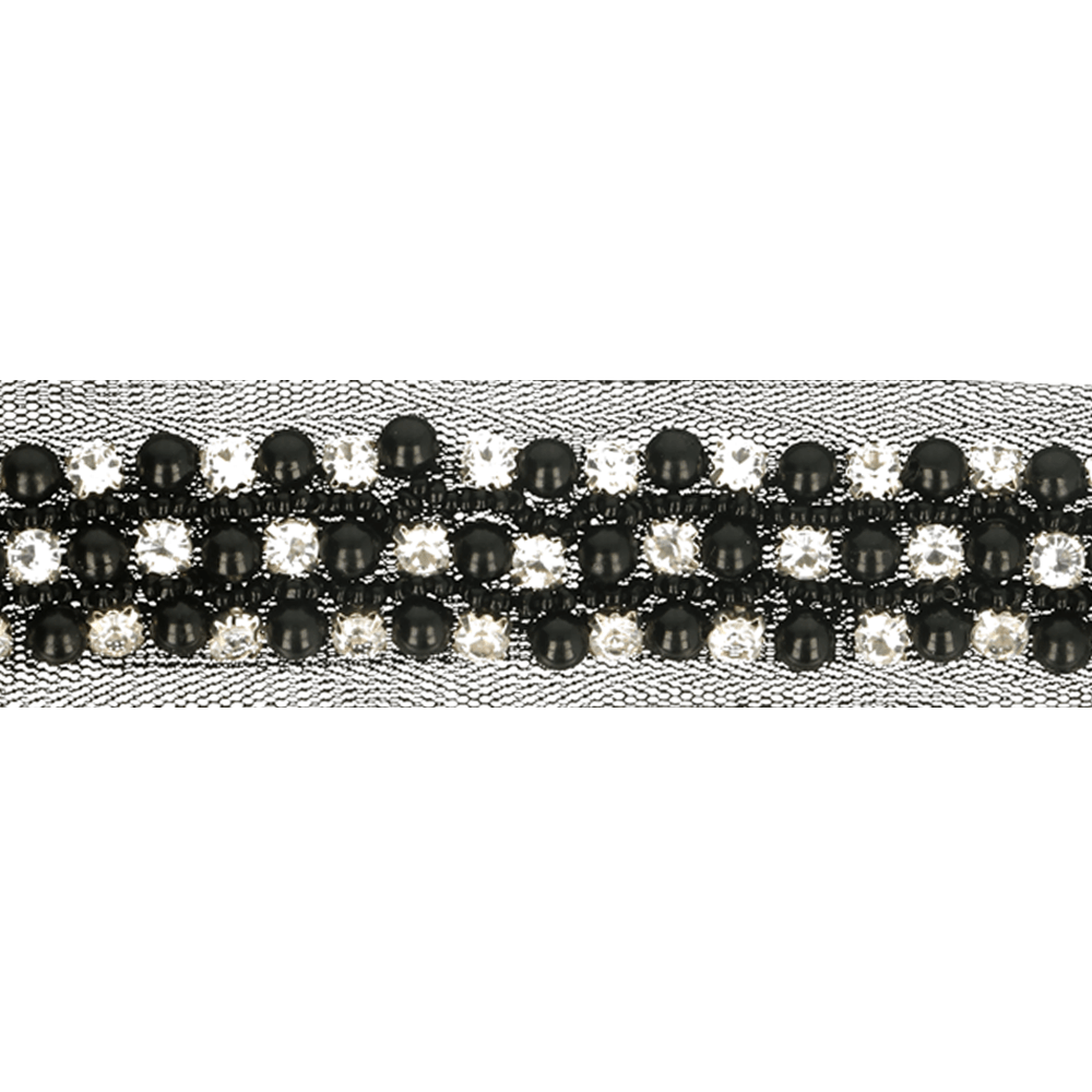 Tule met strass stenen en kralen 30mm zwart -  9,6m