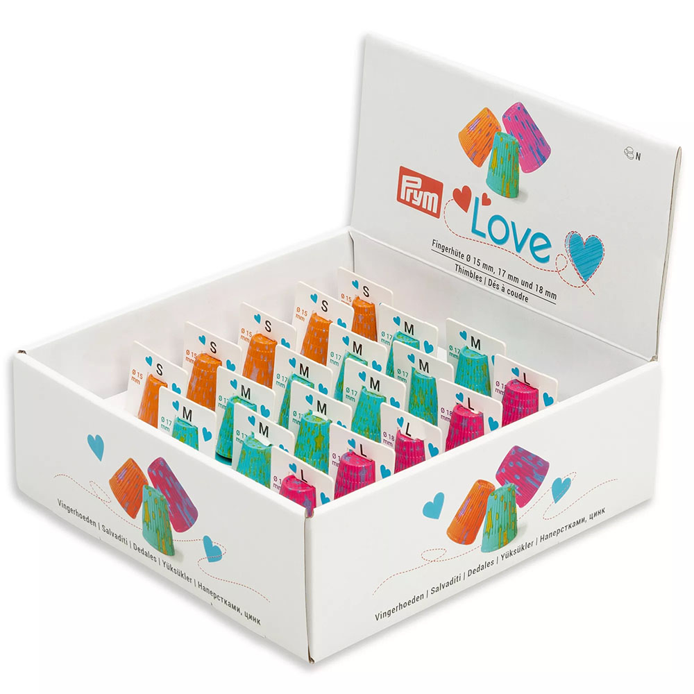 Prym Love Vingerhoed-display maat S,M,L gekleurd ast.-1x20st