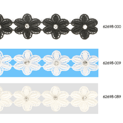 Lace trim with single flower and rhinestone 25mm - 13.7m
